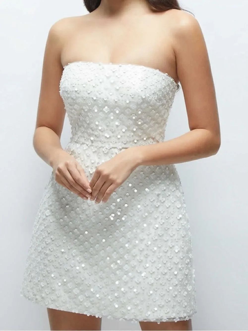 Dessy Collection Imitation Pearl Sequin Mesh Strapless Minidress